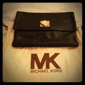 Genuine Black Leather Clutch w/ gold chain